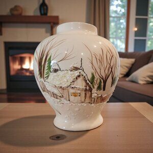 1978 Vintagw Hand Painted Winter Scene Vase, Signed Helen